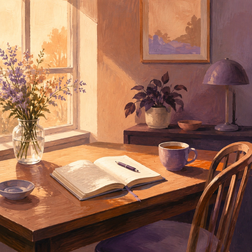 An open reading desk in warm light