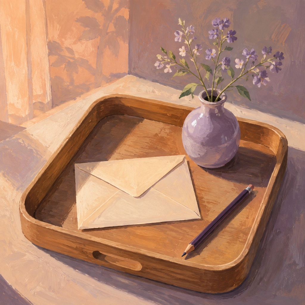 A tray holding writing materials