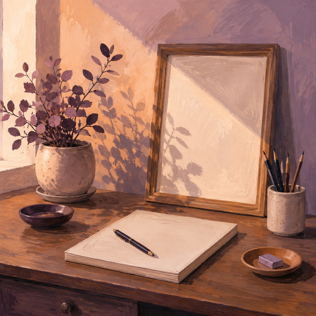 A desk and empty frame