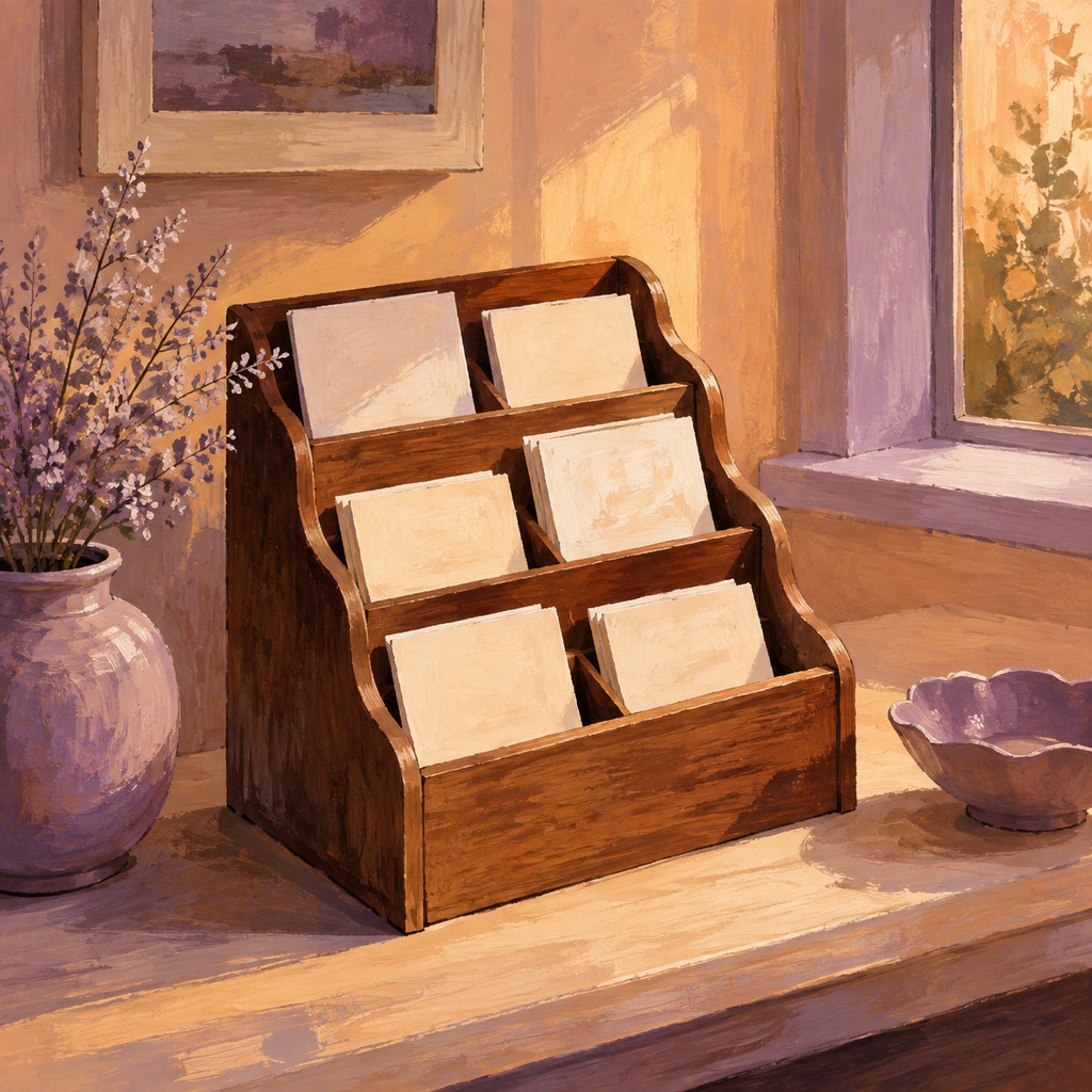 A wooden filing rack